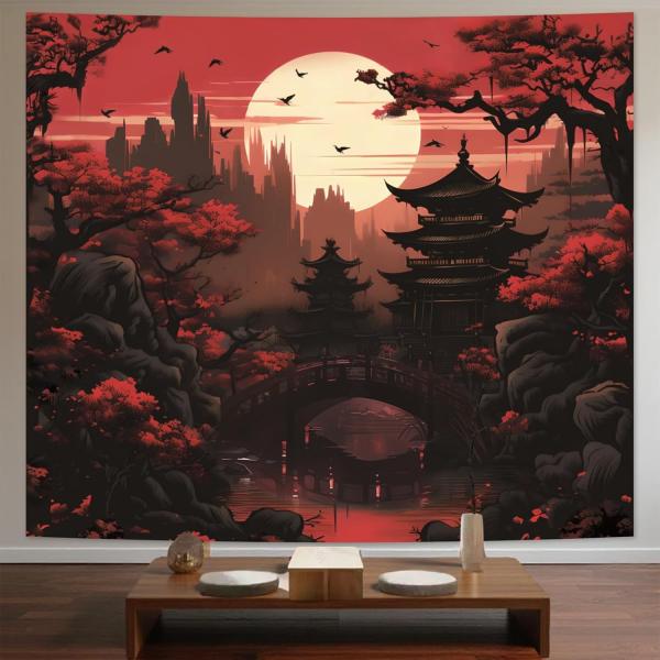 【並行輸入品】アビニル 日本アニメタペストリー 寝室用 美的、黒と赤の夕焼けの森 壁アート 装飾タペストリー、暗い自然の風景 山の背景 リビング