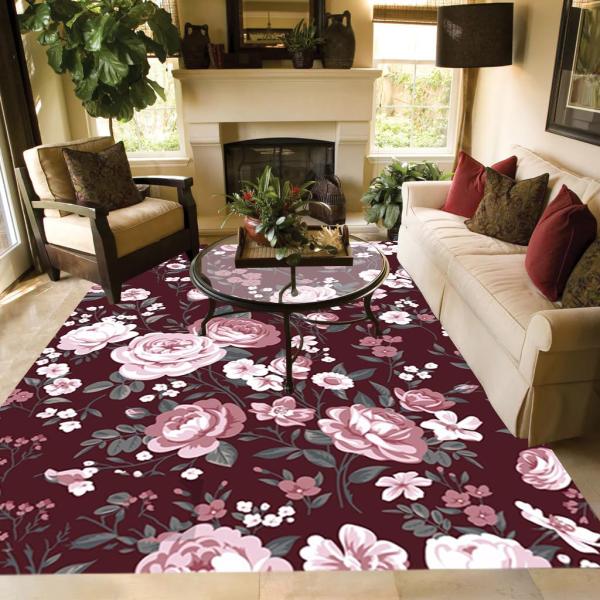 【並行輸入品】 Dark Wine Red Pink Roses Vintage Floral Area Rugs for Bedroom Li