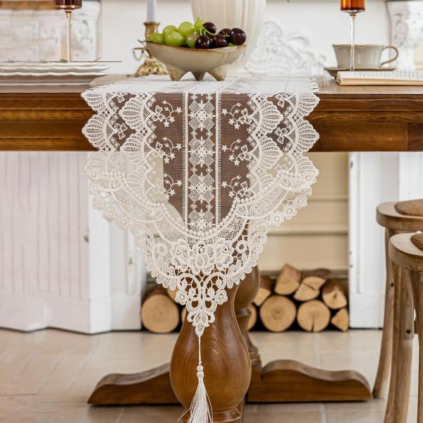 【並行輸入品】レーステーブルランナー 絶妙な刺繍フローラル、UWWGKK タッセル付きテーブルランナー レトロフレンチカントリースタイル、結婚式