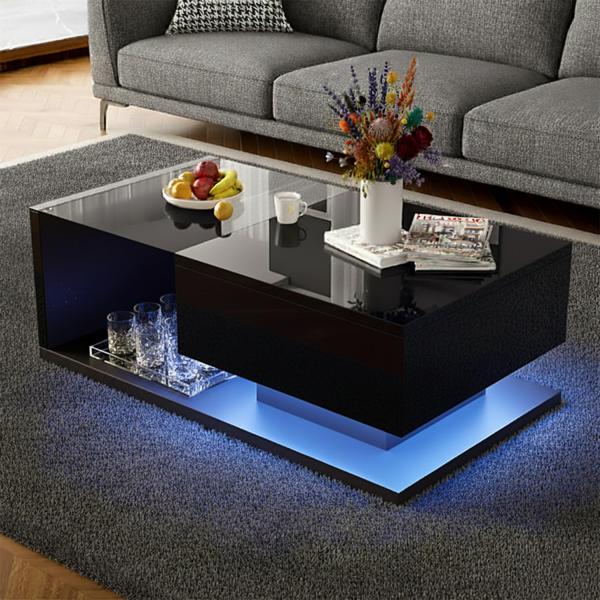 【並行輸入品】holzart モダン高光沢コーヒーテーブル LEDライト&amp;収納付き ブラック 2段長方形テーブル 強化ガラスの上部と引き出し付き