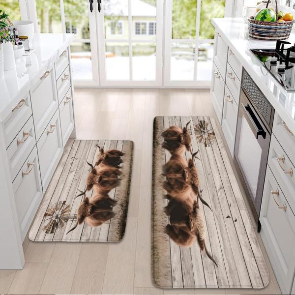 【並行輸入品】 Kitchen Rugs and Mats Sets, 2 Piece Highland Cows Funny Farm Ani