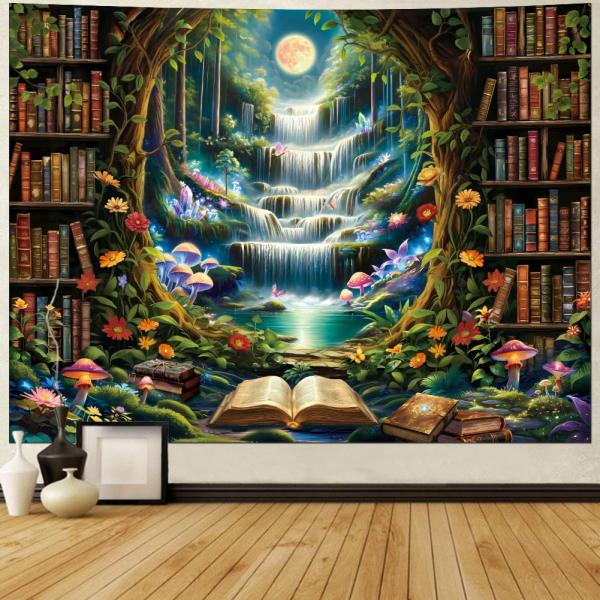 【並行輸入品】 Amonercvita Bookshelf Tapestry Fantasy Waterfall Tapestries Magi