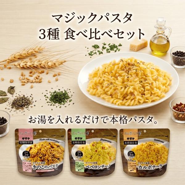 サタケ マジックパスタ 3種類 1セット(計3個) カルボナーラ ペペロンチーノ きのこのパスタ アルファ麺 長期保存 賞味期限 5年 非常食 防災 備蓄食料 保存食