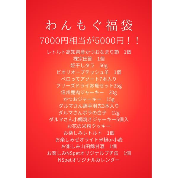 わんもぐ２０２６年福袋！7,000円相当のおやつセットが5,000円！内容は↓↓↓●レトルト高知県産かつおなまり節・１個●裸宗田節・１個●姫干しタラ・５０g●ビオリオーブディッシュ羊・１個●ペロってアソート・７本入り●フリーズドライお魚セッ...