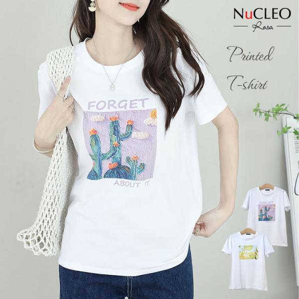 【メール便送料無料】ラウンドネック半袖プリントTシャツ◆レディース tシャツ カットソー プリント 半袖 綿 コットン トップス ラウンドネック 丸首 春夏◆