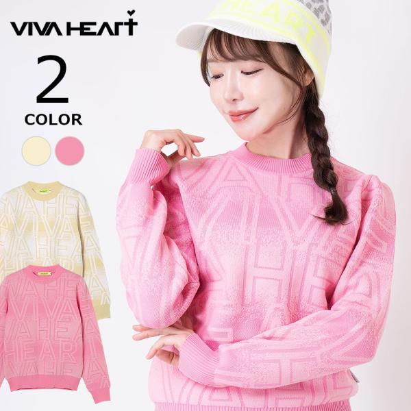 【VIVAHEART】ビバハート グラデーションロゴニット レディース トップス 長袖 モックネック ジャガード カラー 総柄 ルーズ 12910