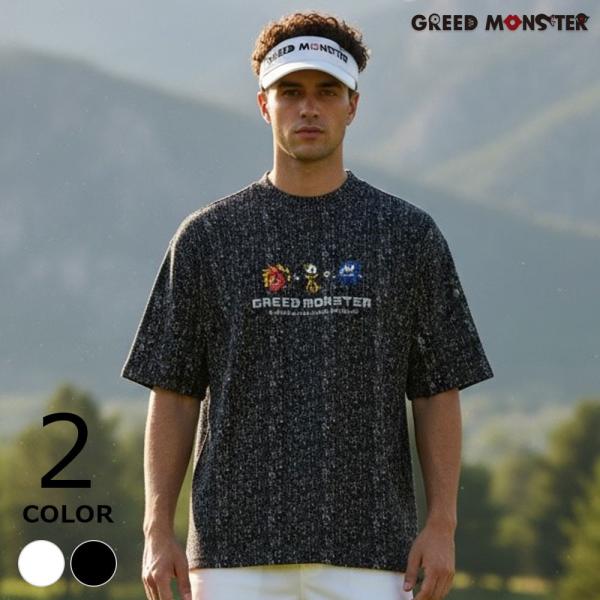 GREED MONSTER メンズ ゴルフウェア 半袖 モックネック カットソー ポロシャツ トップス 総柄 ワンポイント ブランド プリント ストレッチ 伸縮性 シンプル