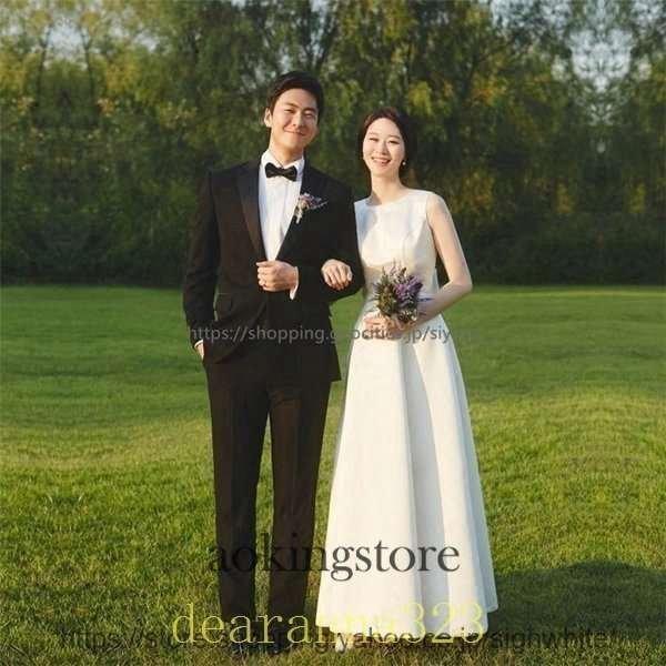 二次会花嫁白ワンピースウエディングドレスマキシ丈結婚式ドレス