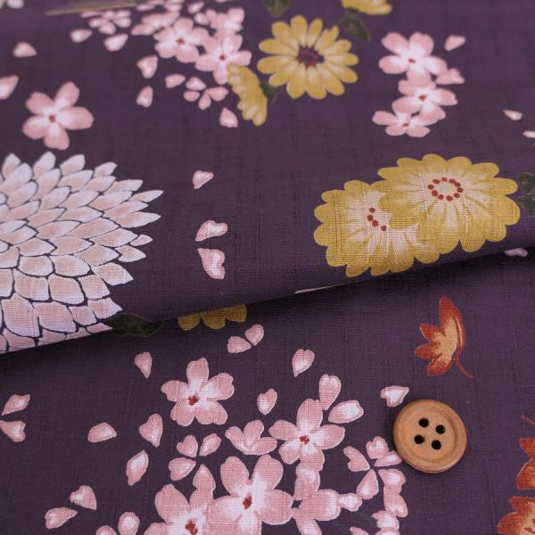 在庫限り/ 和柄コットン生地 花綴り(深紫) 10cm単位 切り売り