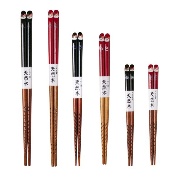 会津塗のお箸です。箸上部にねこ、うさぎ、かえるの柄が描かれています。子供から大人までご使用頂けるサイズ展開となっています。寸法：15cm　19cm　22.5cm材質：天然木　塗：会津塗品質：日本製メーカー：(有)遠藤正商店
