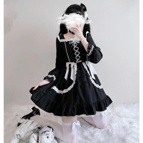 ロリータワンピース 長袖 膝丈 ゴスロリ ロリィタ服 ゴシック ワンピース セクシー ハロウィン コスチューム 仮装 リボン 可愛い Lolita 黒 ｖ系のファッションブランド ゴスロリ系のファッションブランド一覧