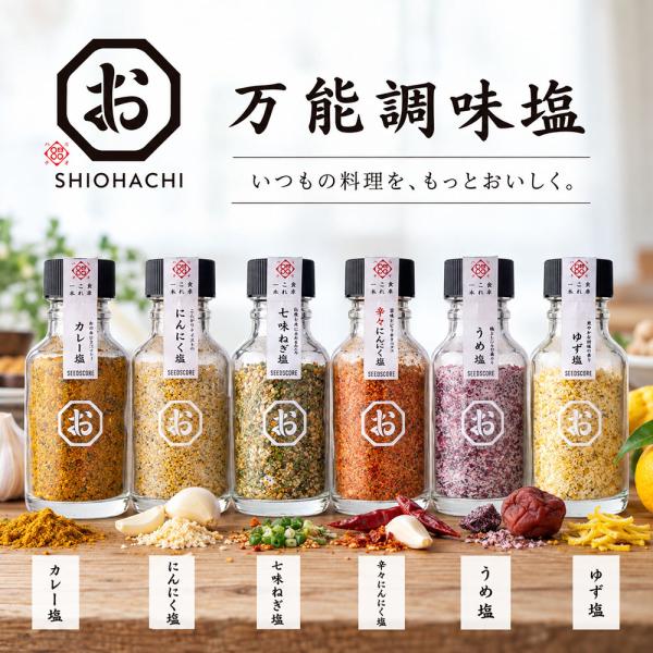 しお八 塩 卓上調味塩 フレーバー塩 万能調味料 フレーバーソルト 調味塩 調味料 アレンジ スパイス しお 塩 にんにく 七味 小瓶
