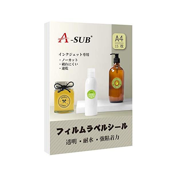 A-SUB ラベルシール 光沢フィルム 透明 耐水 インクジェット15枚 ノーカット 手作りステッカー