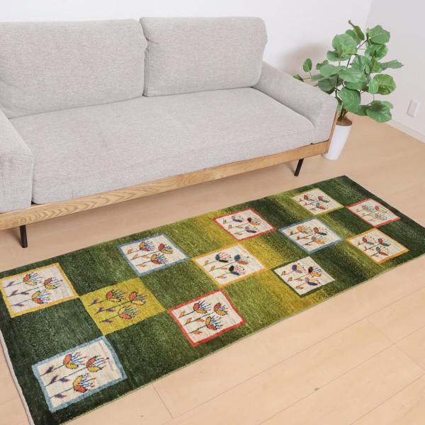 ギャッベ／ルリバフ 212×74cm イラン産 手織り リビング ウール ラグ