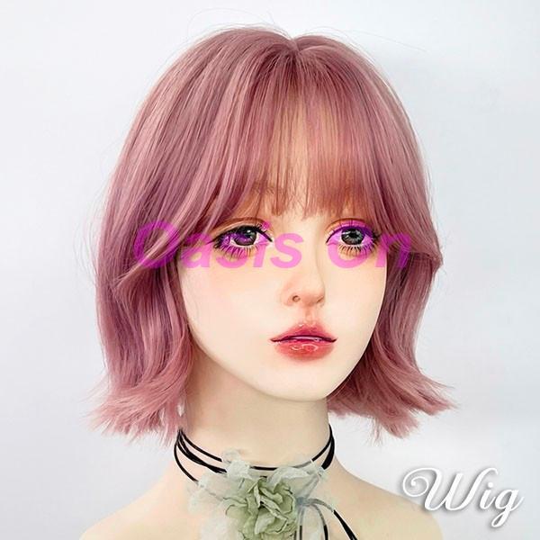 ウィッグ レディース フルウィッグ ショート 巻き髪 ピンク ぱっつん