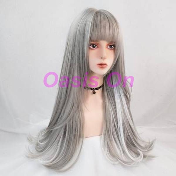 フルウィッグ ロング ストレート グレー シルバー 銀 ホワイトメッシュ