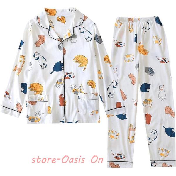 パジャマ 猫柄 綿 長袖 女性用 ルームウェア かわいい レディース 春?夏?秋?冬用 ミーちゃん L ナイトウェア 上下セット 吸汗