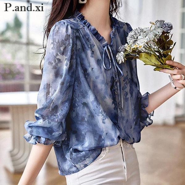 シャツブラウス シフォンブラウス フリル 花柄 フレア レディース