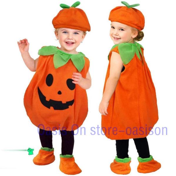 【子供?キッズ?幼児用カボチャ服】 適応身長：90-120cm ふわふわぼわんなパンプキン姿がとってもキュート！ベビー?キッズ向けのジャックオーランタンのコスチューム！【服の上から簡単に着られる】上からかぶるだけだから簡単温度調節もしやすい...