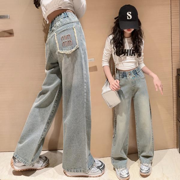 デニムパンツ かわいい 女の子 キッズ ワイドパンツ ウエストゴム 夏 ロングパンツ キッズ ワイドデニム ボトムス シンプル カジュアル 小学生 中学生 ジュニア