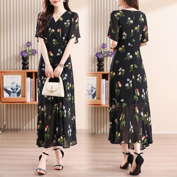 ロングワンピース レディース 40代 きれいめ シフォンワンピース 花柄 Aラインワンピース ボヘミアン リゾートワンピース 体型カバー 夏ワンピース 着痩せ