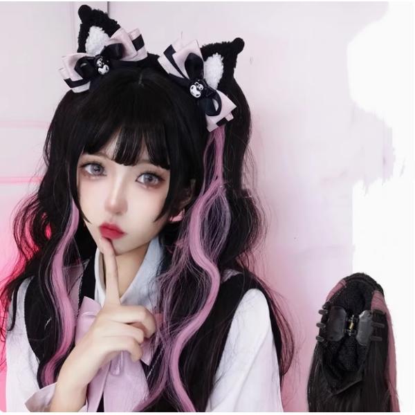 大衆演劇　女面　ポニーテール　黒のロングウィッグ 花飾り付き ウィッグ 部分ウィッグ ポニーテール ツインテール ウェーブ ロング