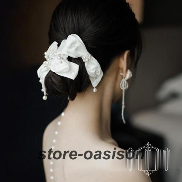 ウエディングヘッドドレス ウェディング リボンヘアピン ワインレッド 花嫁小物 結婚式 披露宴 ブライダル 二次会 前撮り パーティー 演奏会 発表会 かわいい