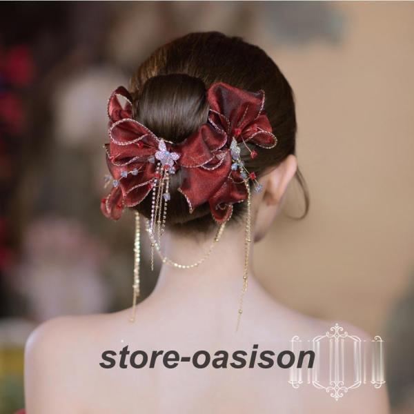 ウエディングヘッドドレス ウェディング リボンヘアピン レッド チュール 花嫁小物 結婚式 披露宴 ブライダル 二次会 前撮り パーティー 演奏会 発表会 可愛い