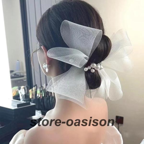 ウエディングヘッドドレス ウェディング リボンヘアピン ホワイト ハードチュール パールUピン 花嫁小物 結婚式 披露宴 ブライダル 二次会 前撮り パーティー