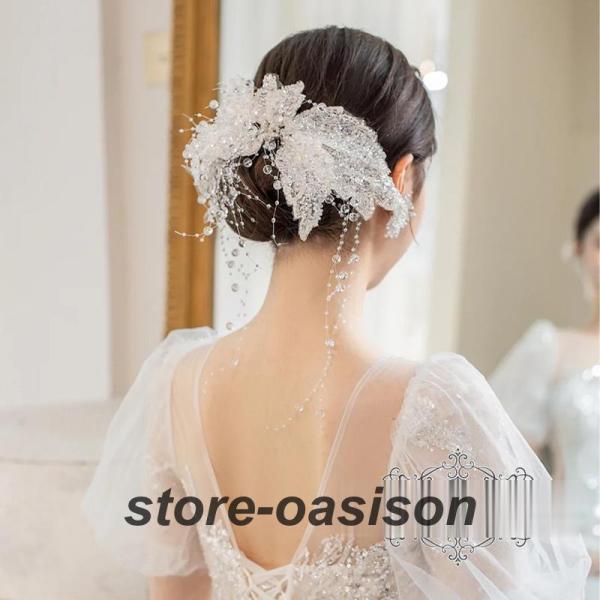 ウェディング小物 ヘッドドレス ヘアアクセサリー リボン ビーズ 前撮り 結婚式 二次会 披露宴 花嫁 ブライダル 演奏会 ウエディング パーティー 発表会