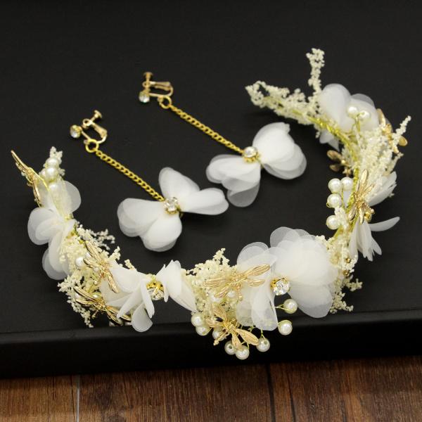 花冠 ヘアピン付き 花かんむり＋イヤリング ウェディング バックカチューシャ ヘッドドレス 花輪 リゾート 造花 髪飾り 花嫁 二次会 結婚式 フェス 森ガール