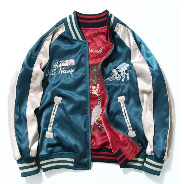 スカジャン 男女兼用　横須賀メンズ刺繍 ブルゾン 鶴　サテン 光沢 リバーシブル 二面 両面 　フライトジャケット　レディース　アウター　春秋長袖 バイク