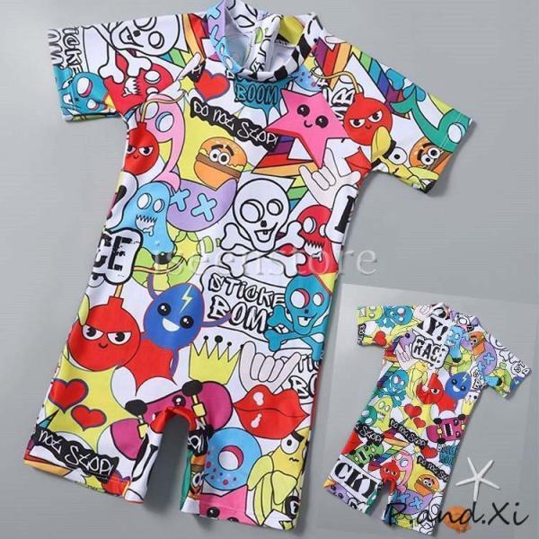 ベビー 水着 キッズ 子供水着 こども オールインワン 半袖 ラッシュガード フィットネス水着 みずぎ スイムウェア UV対策 ロンパース 総柄 かわいい おしゃれ 日焼け防止 プール 海 水遊び 体型カバー 連体水着 スイミング サーフィ...