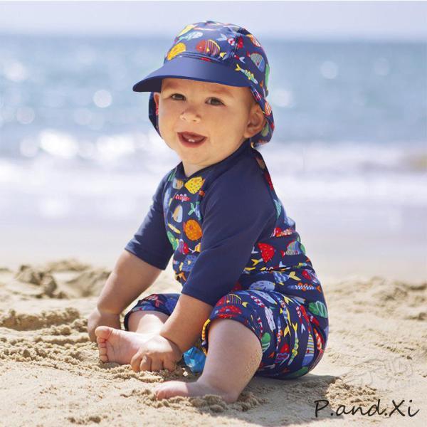 ベビー 水着 キッズ 子供水着 こども オールインワン 五分袖 フィットネス水着 みずぎ スイムウェア UV対策 ロンパース 魚柄 かわいい おしゃれ 日焼け防止 プール 海 水遊び 体型カバー 連体水着 水泳キャップ 2点セット スイミン...