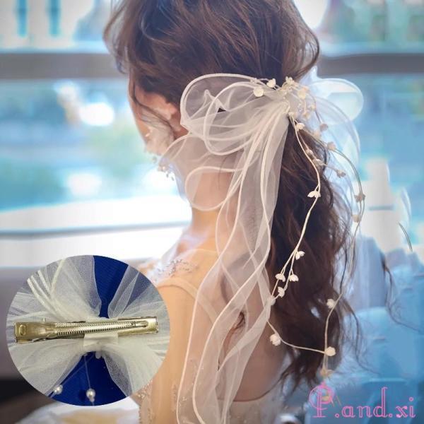 ヘッドドレス ウェディング 髪飾り 小花 チュール リボン くちばしクリップ ヘアアクセサリー ブライダル 結婚式 二次会 パーティ