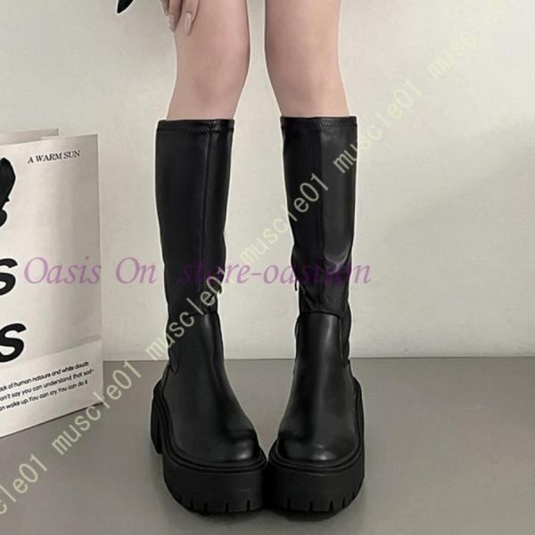 厚底 ストレッチ ロング ブーツ レディース バイクブーツ 大きいサイズ