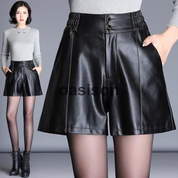 キュロット　ショートパンツ　ウエストゴム　レディース　レザーパンツ　短パン　ホットパンツ　PU革　ショーパン　革パン　Aライン　美脚パンツ　スカート風