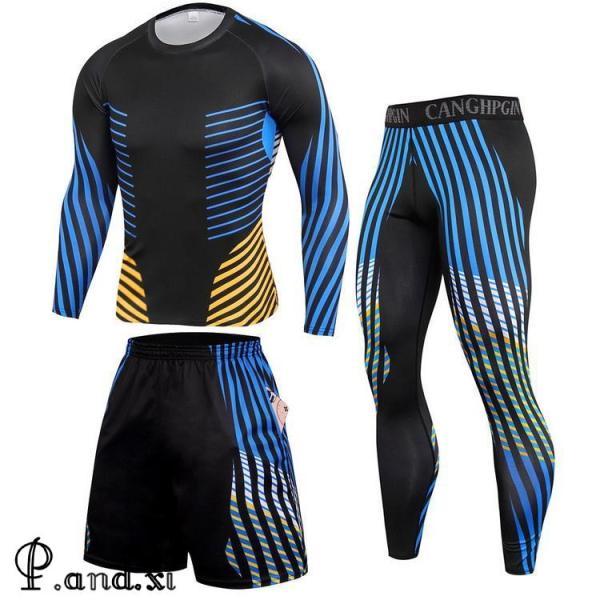 3枚組 コンプレッションウェア 上下セット 加圧シャツ ハーフパンツ ロングタイツ トレーニング ランニングウエア メンズ[素材]伸縮性に優れた速乾素材(ポリエステル、ポリウレタン)[原産国] 中国※イメージ画像にて着用していますシャツや飾...