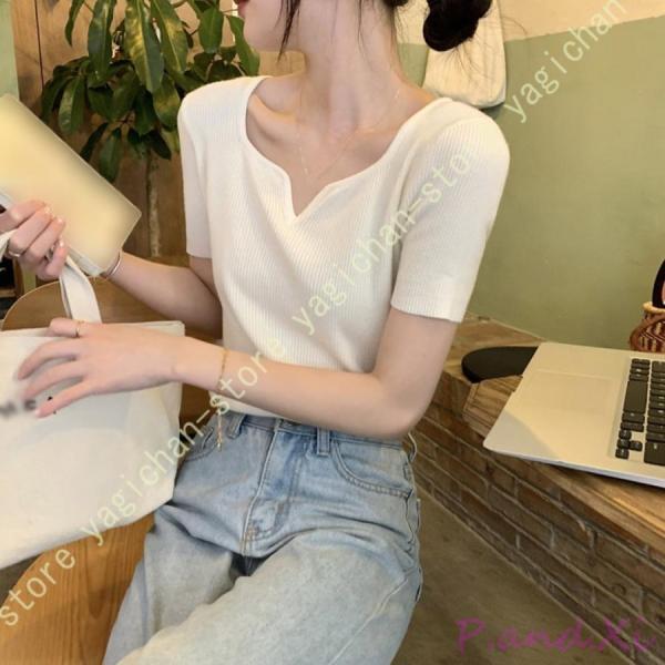 tシャツ レディース 半袖 リブニット 夏tシャツ vネック サマー