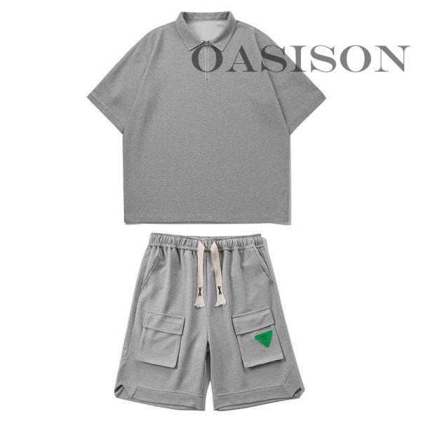 メンズ ジャージセット 2点セット 上下セット ワッフル生地 半袖ポロシャツ ショートパンツ付き ゆったり快適 夏 イージーパンツ スウェットサイズ 胸囲 肩幅 袖丈 着丈M 118 54 29 74.5L 122 56 30 76XL 1...