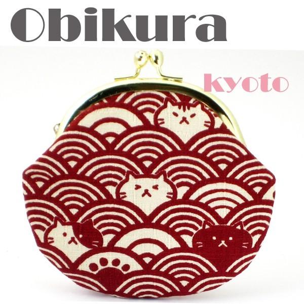 がま口財布 レディース財布 ポーチ 小銭入 青海波に猫（赤） 和柄 京都