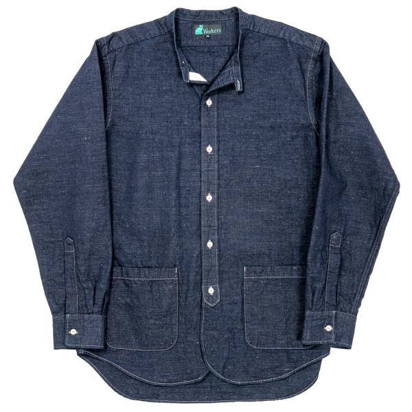 コズミックワンダー　コットン　リネン　バンドカラーシャツ　ロゴ刺繍　インディゴ WORKERS ワーカーズ Band Collar Shirt, Indigo Cotton Linen バンド