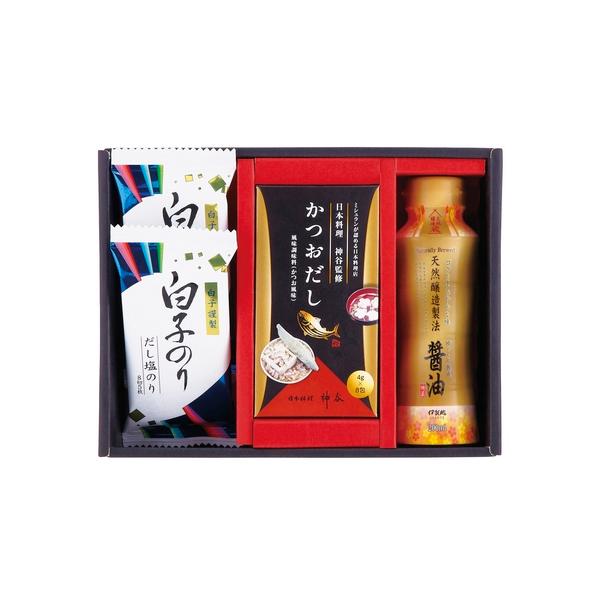▼こちらの商品は、10営業日程度にて発送いたします。【商品説明】●商品内容：かつおだし（4g×8）・伊賀越 天然醸造醤油200ml・白子のりだし塩のり（8切5枚）×2  【乳成分・小麦】●箱サイズ：約縦18.8×横24.1×高さ7.4cm●...