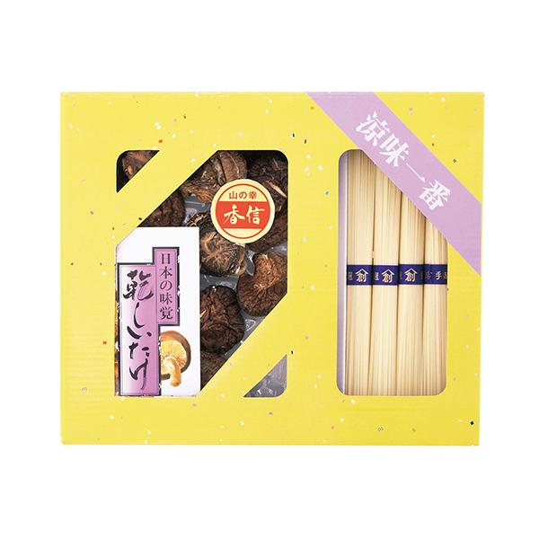 ▼こちらの商品は、10営業日程度にて発送いたします。【商品説明】●商品内容：国内産原木香信椎茸20g・島原手延そうめん45g×4束  【小麦】●箱サイズ：21×横25×高さ3.4cm●生産国：日本※メーカー都合により、デザイン・内容等が変更...