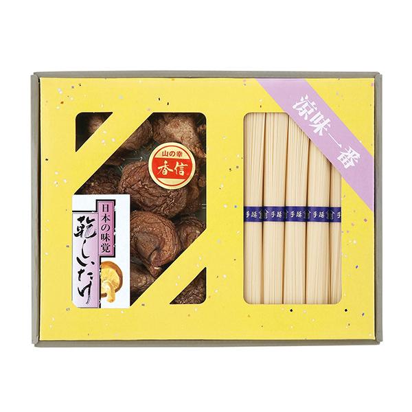 ▼こちらの商品は、10営業日程度にて発送いたします。【商品説明】●商品内容：国内産原木香信椎茸25g・島原手延そうめん45g×5束  【小麦】●箱サイズ：23.6×横29.8×高さ3.4cm●生産国：日本※メーカー都合により、デザイン・内容...