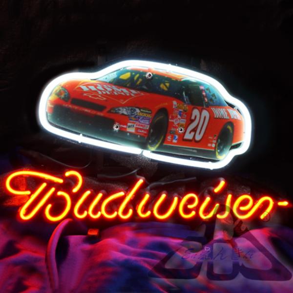 ネオンサイン ガラス製 壁掛け 赤 レースカー Budweiser ロゴ 光る 車 装飾 看板 アメリカ風 照明 ガレージ インテリア ディスプレイ ライトアップ 男前部屋