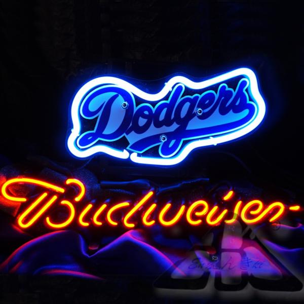 LED風Dodgersロゴネオンライト Budweiserビールロゴ付き MLBデザイン 青赤 壁掛け照明 ガレージインテリア スポーツバー装飾 アメリカ雑貨 ベースボールファン