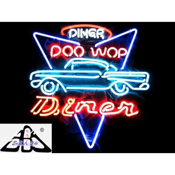 DINER DOO WOP 三角フレーム×クラシックカー ガラス製 ネオンサイン 看板 LEDライト風 インテリア照明 店舗装飾 おしゃれバー カフェ用 オーダーメイド対応
