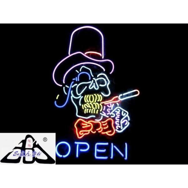OPEN青文字 スカル紳士 シルクハット＆シガー ドクロ バー クラブ ガラス製 ネオンサイン 看板 LEDライト風 オーダーメイド対応