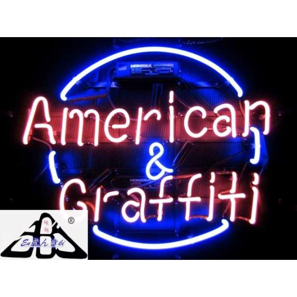 看板 LEDライト風 ガラス製ネオンサイン American & Graffiti 青リング 英字サイン 店舗看板 ダイナー／バー 固定デザインオーダーメイド対応